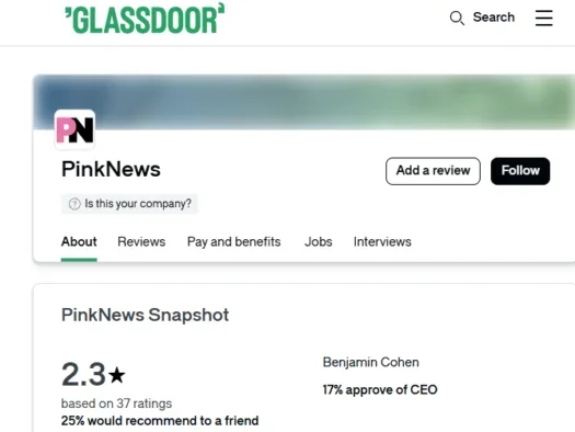 Pink News page on Glassdoor showing 2.3 star rating and 17% CEO approval rating