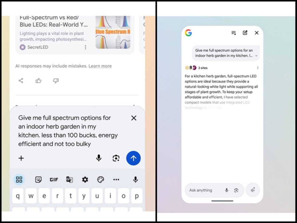 User entering conversational query into Google Search bar and taken to AI Mode. Pictures: Google