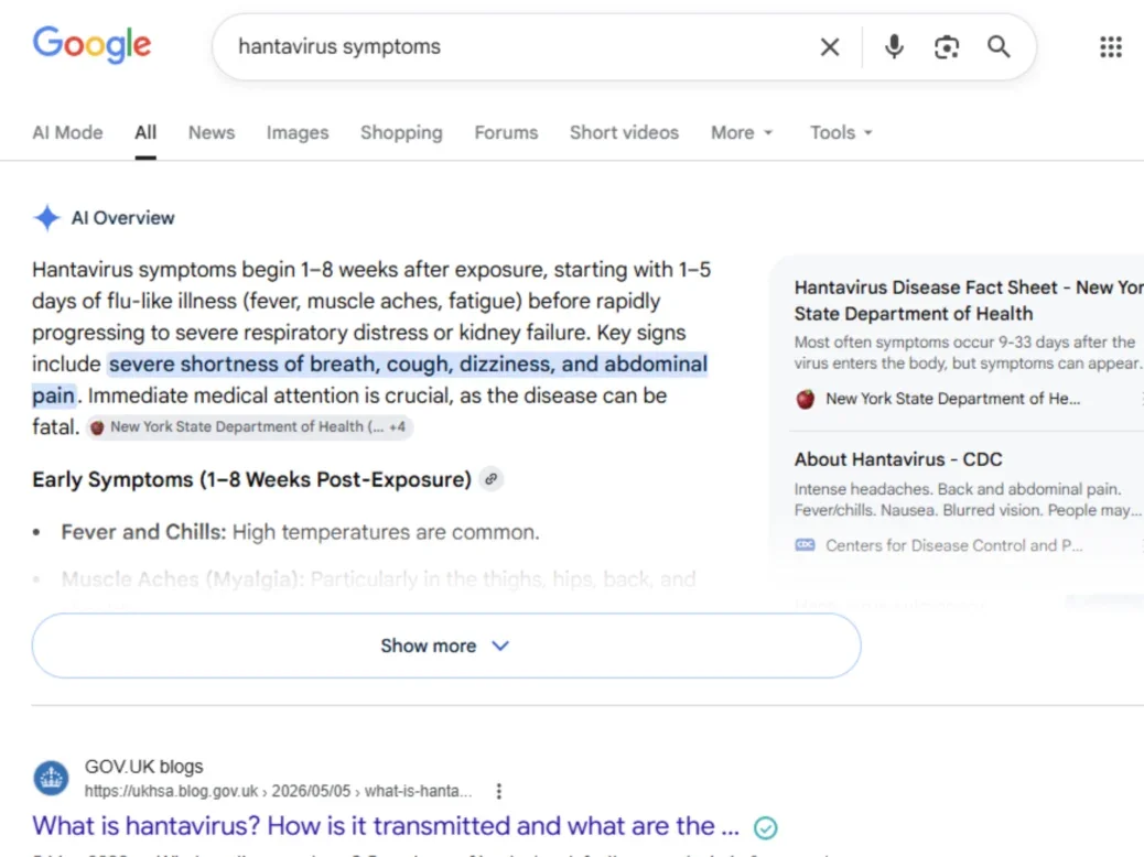 Google AI Overviews result for 'hantavirus symptoms' query, with first result from UK Government below