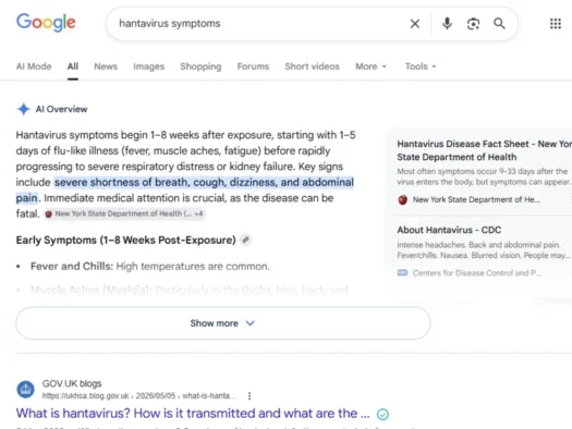 Google AI Overviews result for 'hantavirus symptoms' query, with first result from UK Government below