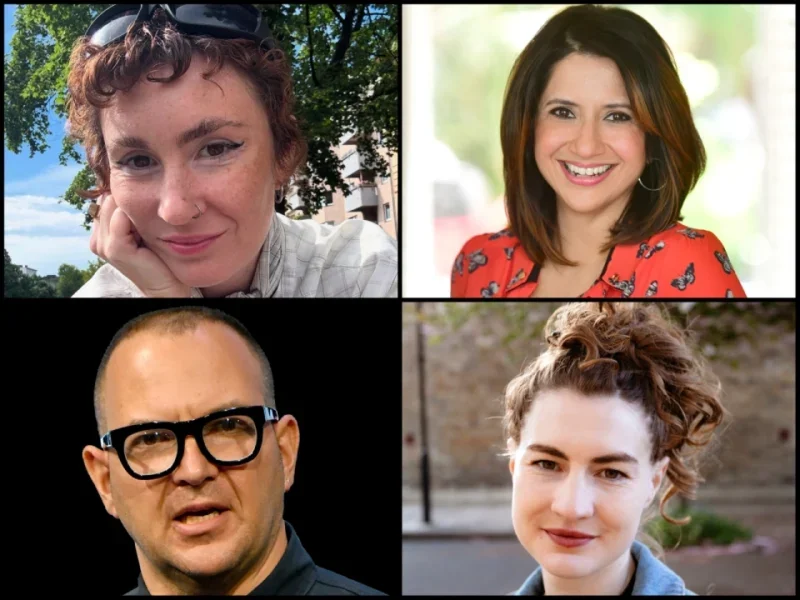 Headshots of The Nerve's new hires, clockwise from top left: Alice McCool, Sangita Myska, Lucia Osborne-Crowley and Cory Doctorow