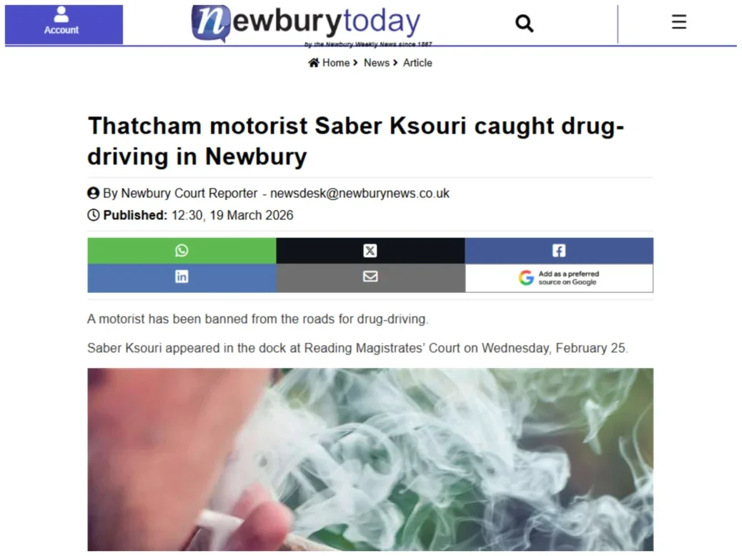Screenshot of local news publisher Newbury Today's story that resulted in Facebook restrictions. Headline: 'Thatcham motorist Saber Ksouri caught drug-driving in Newbury'