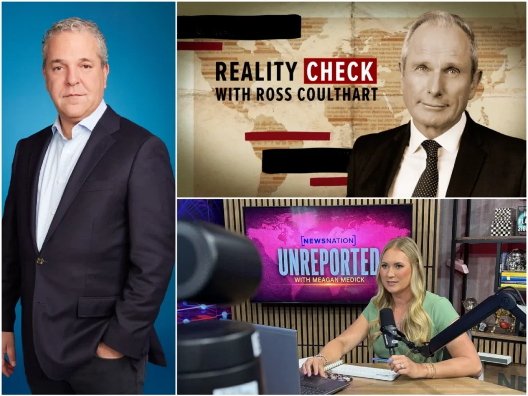 Headshot of Michael Corn, NewsNation’s president of programming and specials, and promo images for two NewsNation podcasts: Reality Check with Ross Coulthart and the new spinoff Unreported with Meagan Medick
