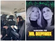 Laurie Segall in action working on Mr Deepfakes investigation (L), Paris Hilton and Segall poster for series (R). Picture: Mostly Human Media