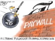 A cartoon depicting a wrecking ball swinging for a bricked wall labelled paywall. Picture: Salt Lake Tribune