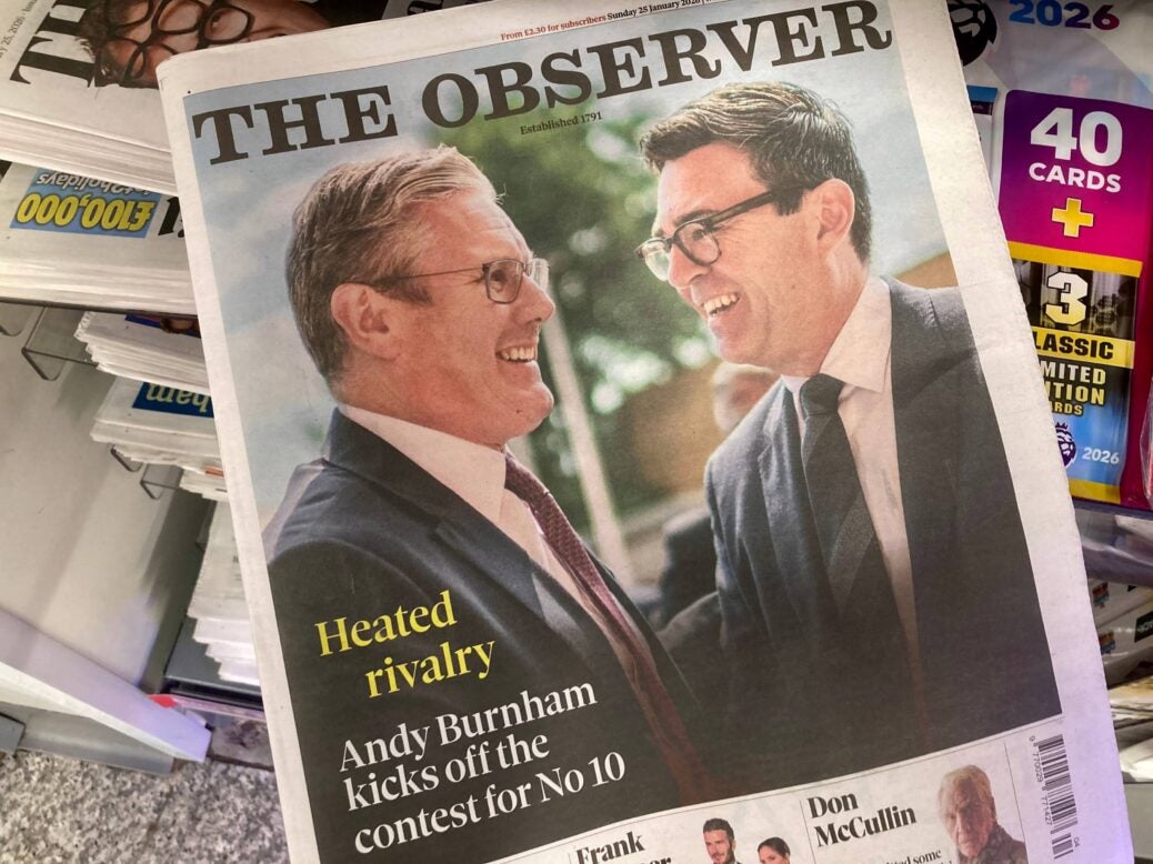The Observer newspaper front page with Keir Starmer and Andy Burnham pictured