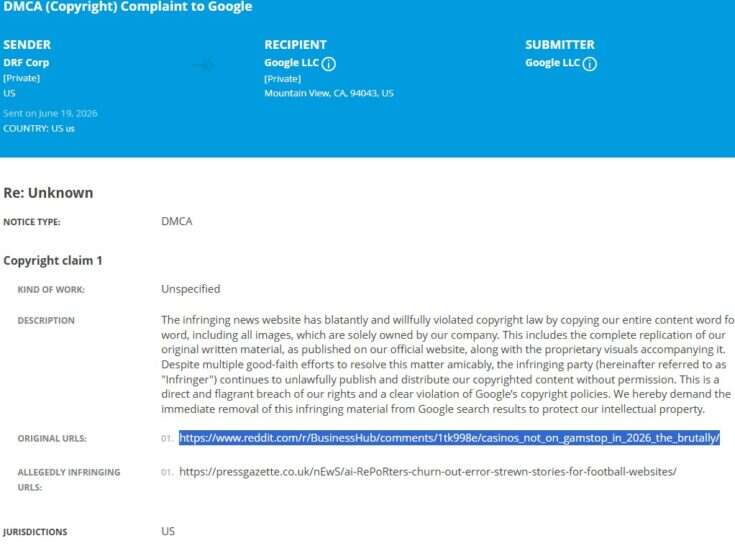 Spurious copyright claim sees second Press Gazette story removed from Google search