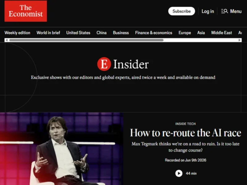 Economist Insider landing page on the Economist website, leading with video headline 'How to re-route the AI race'