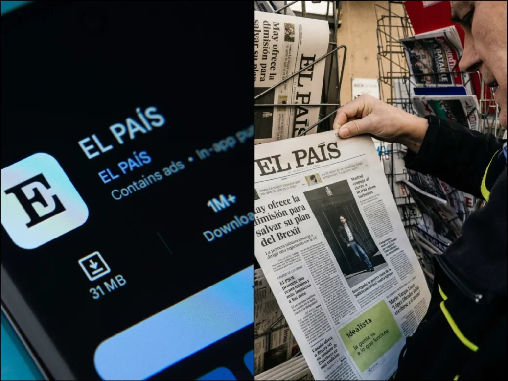 Two images: Left, El Pais page in app store. Right, man holding El Pais newspaper at shop kiosk