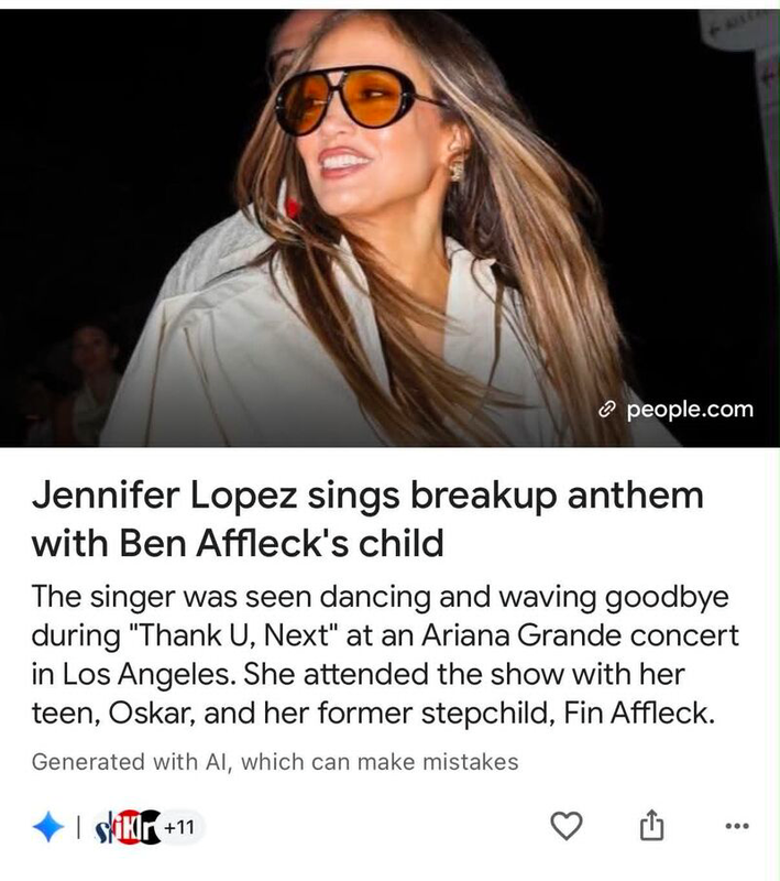 Google Discover screenshot showing Jennifer Lopez picture with People.com link, AI summary, and thumbnails indicating 14 publishers have been grouped together