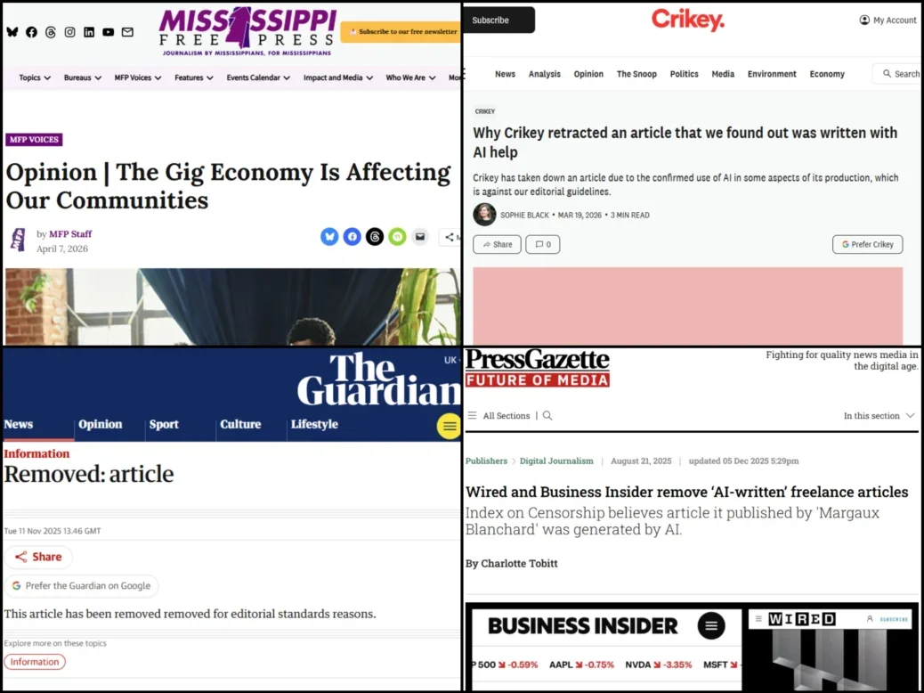 Montage of four website screenshots: Mississippi Free Press with headline 'Opinion | The gig economy is affecting our communities', Crikey with headline 'Why Crikey retracted an article that we found out was written with AI help', Press Gazette headline 'Wired and Business Insider remove 'AI-written' articles', and Guardian page with a removed article stating it was taken down 'for editorial reasons'