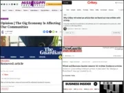Montage of four website screenshots: Mississippi Free Press with headline 'Opinion | The gig economy is affecting our communities', Crikey with headline 'Why Crikey retracted an article that we found out was written with AI help', Press Gazette headline 'Wired and Business Insider remove 'AI-written' articles', and Guardian page with a removed article stating it was taken down 'for editorial reasons'