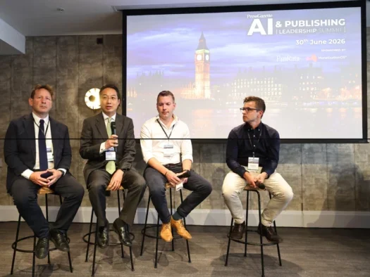 Four men sit on stools in front of Press Gazette AI Summit logo on screen behind them. From left to right: Lord Ed Vaizey, Prorata senior strategy adviser Eugene Huang, Owen Meredith, managing director of public policy at Daily Mail, and Josh Muncke, VP of generative AI at The Economist