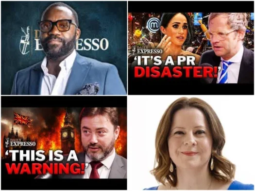 Clockwise from top left: Daily Expresso host JJ Anisiobi, a Youtube thumbnail featuring Mark Dolan and Meghan Markle, Express deputy editor-in-chief Sam Lister, and a thumbnail featuring guest Carl Benjamin
