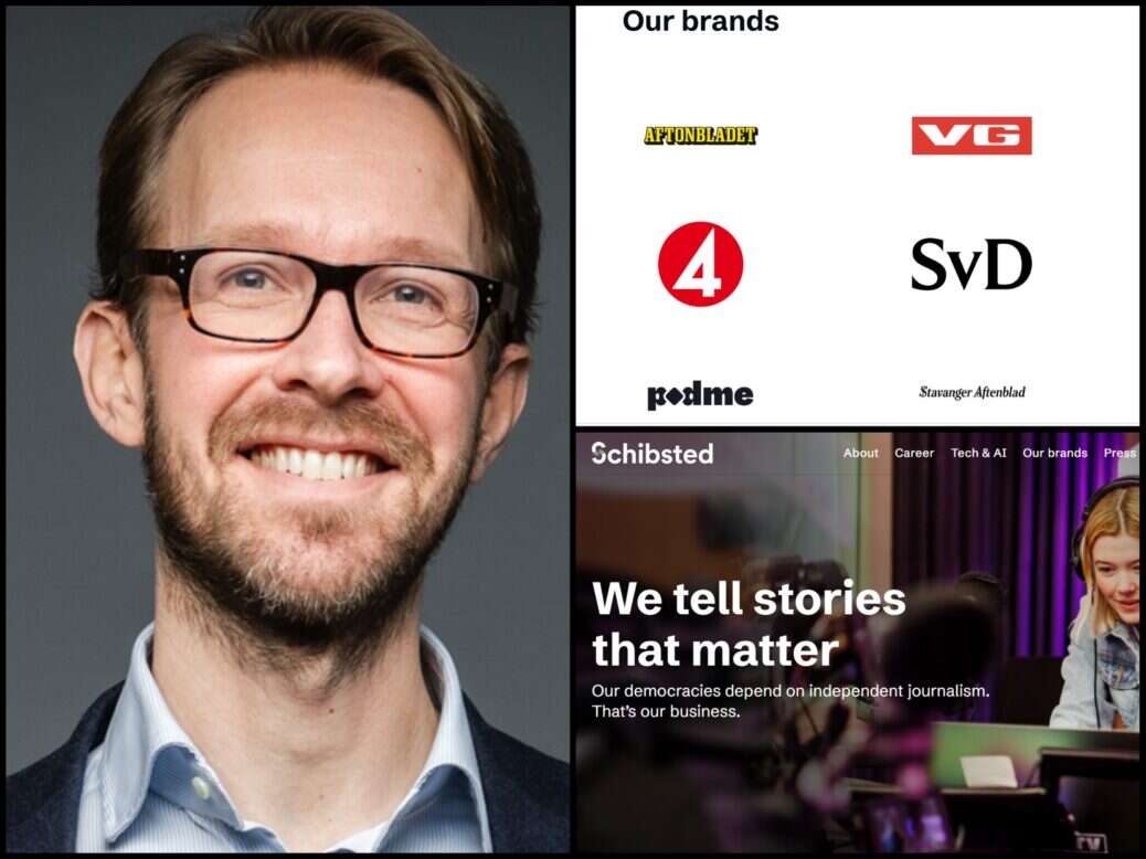 Gustaf Eriksson, executive vice president of consumer business at Schibsted Media (left), selection of Schibsted's brands (top right) and Schibsted homepage screenshot (bottom right). Pictures: Schibsted