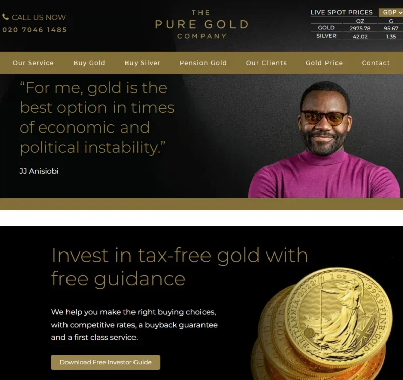 Daily Expresso host JJ Anisiobi endorsing Pure Gold on its website homepage. His pull quote says: "For me, gold is the best option in times of economic and political instability"