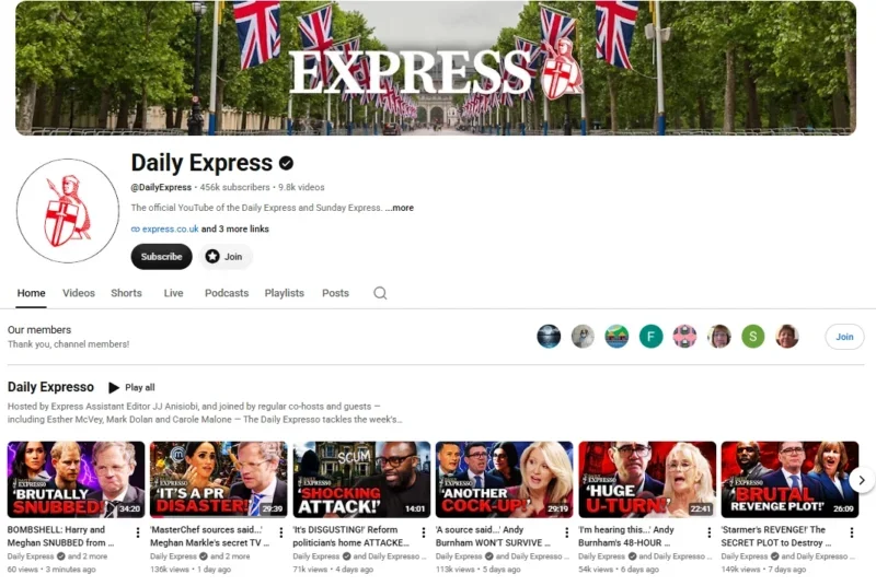 Daily Express Youtube homepage, showing Daily Expresso strand with latest thumbnails and video titles