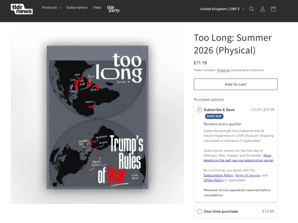 Print magazine Too Long on sale on TLDR News' website. Picture: TLDR News screenshot