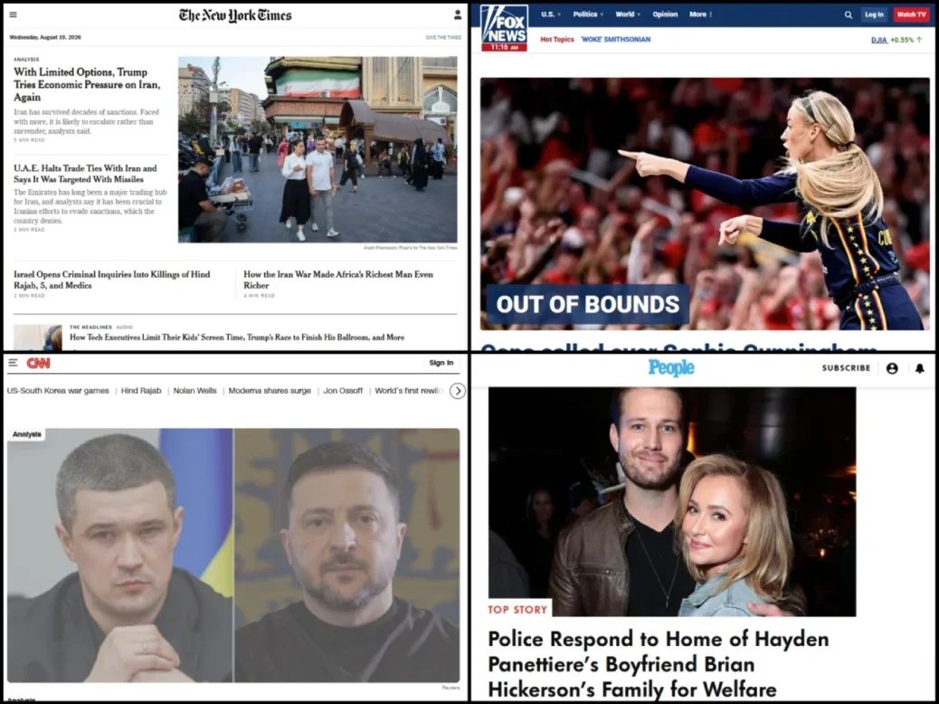Homepages for four of the biggest news websites in the US on 19 August 2026: New York Times, Fox News, CNN and People