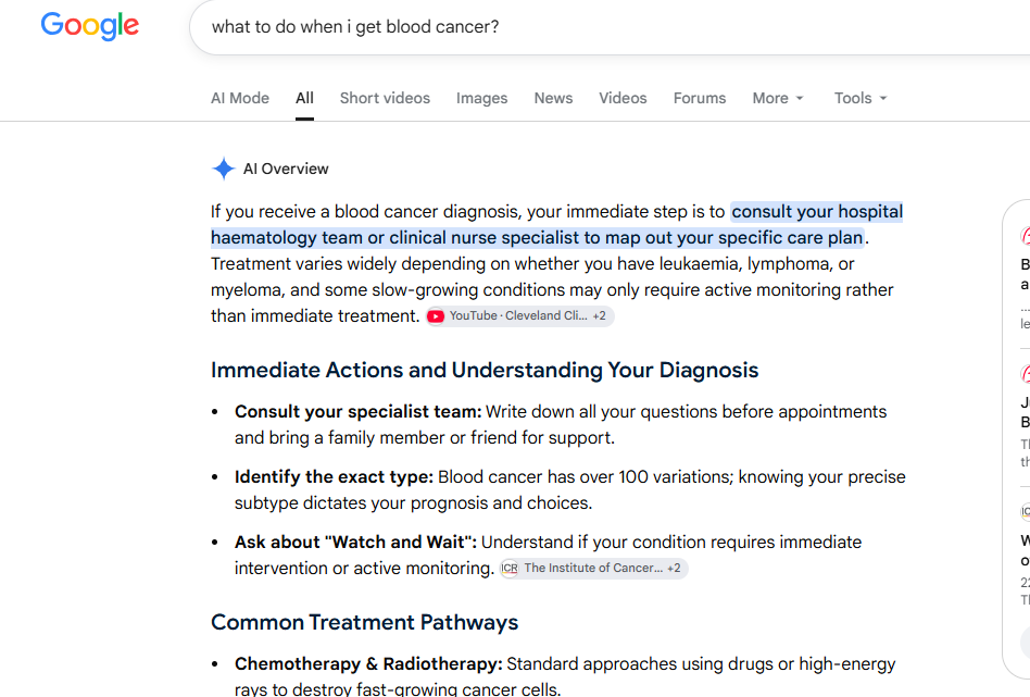 Health-related search results are replaced by AI-written summaries