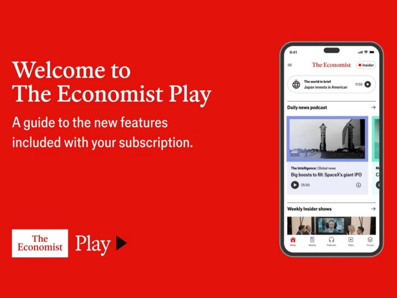 Youtube video screenshot introudcing The Economist Play, displaying an iPhone with the app on the right-hand side.