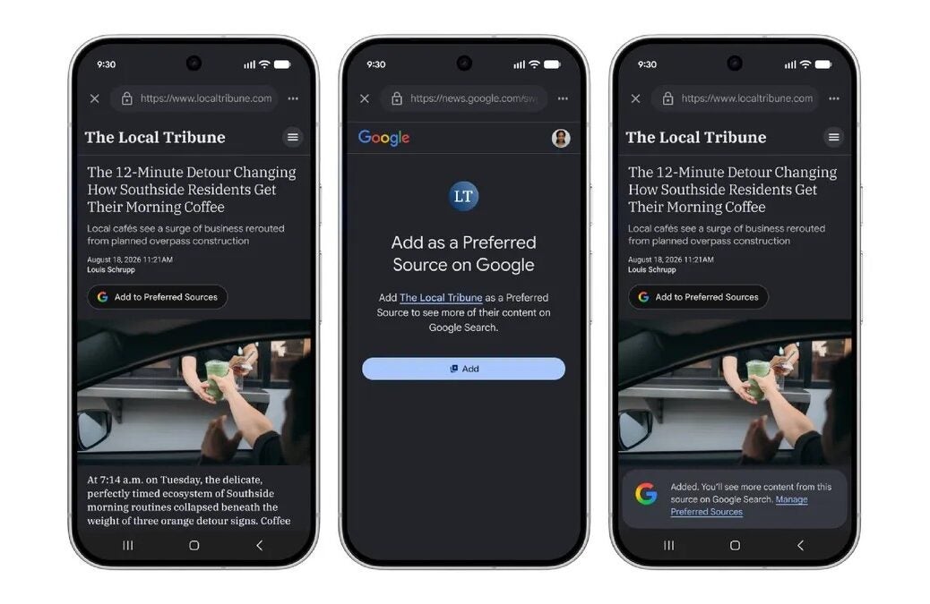 Google 'preferred source' button rolls out for UK publishers. Picture: Google