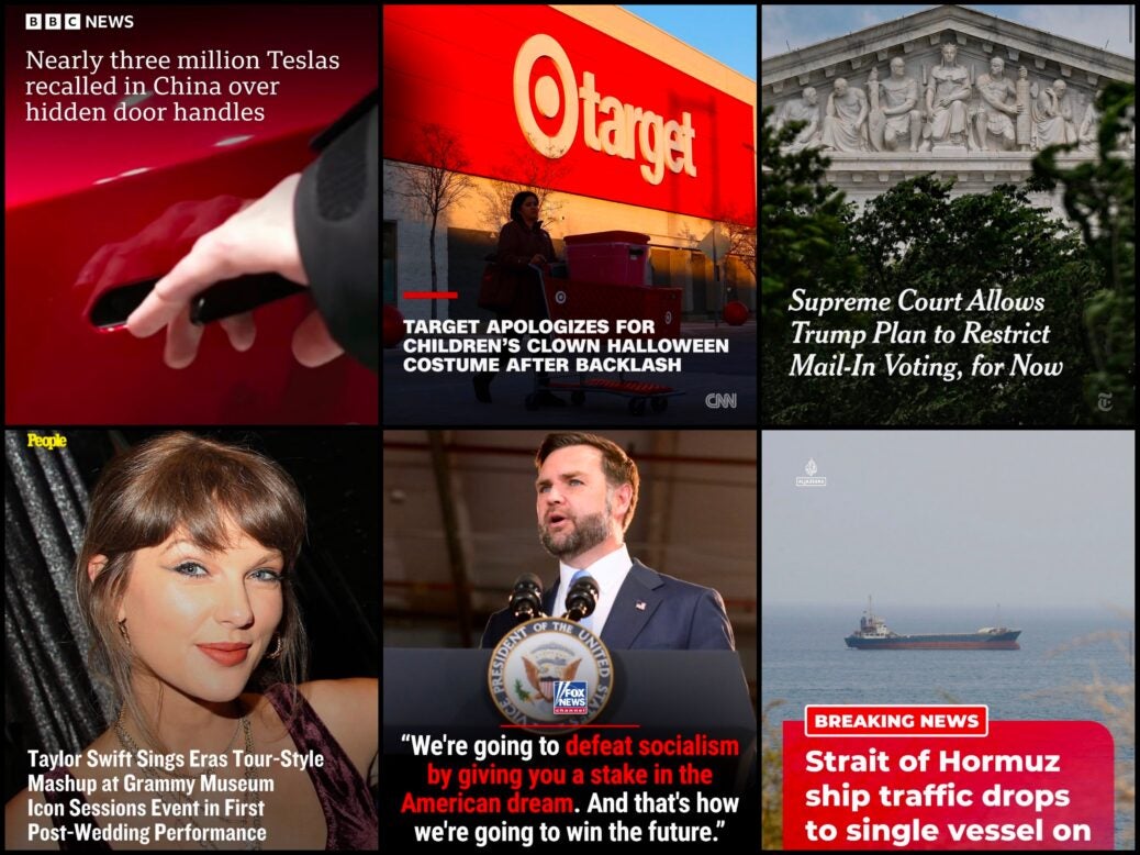 Profile screenshots of the top followers publishers on Instagram: BBC News, CNN, NYT, People, Fox News and Al Jazeera