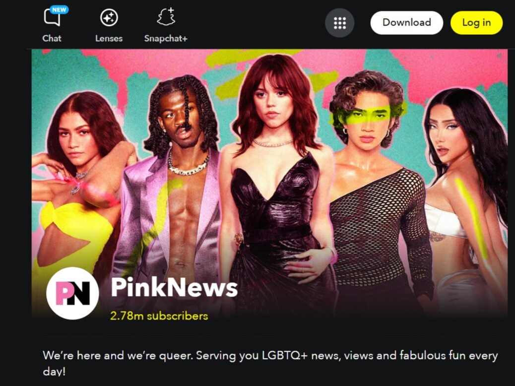 Pink News profile on Snap website, 19 August 2026