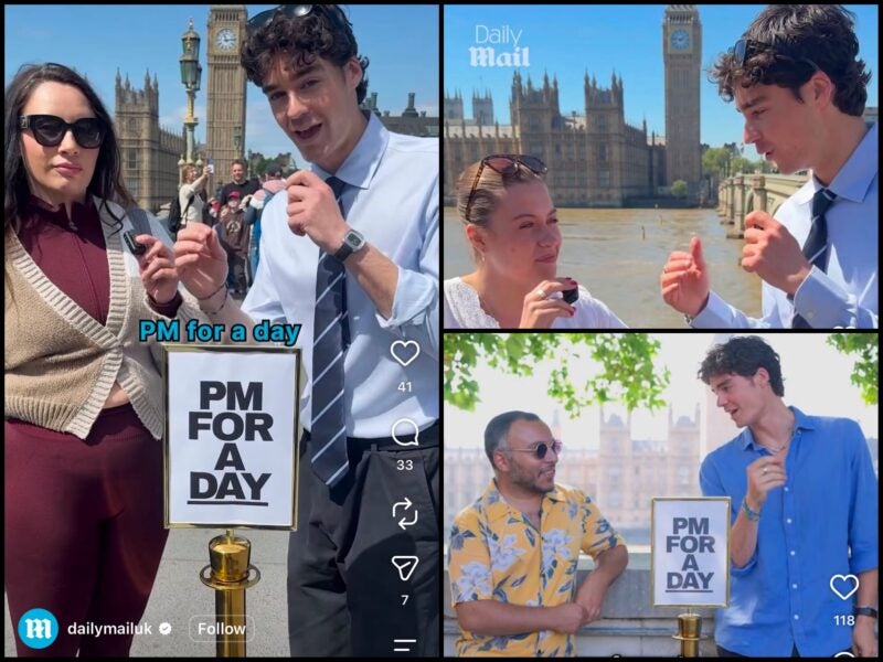 Instagram post screenshots of Daily Mail's PM for a Day videos, showing a content creator interviewing members of the public in front of a 'PM for a Day' sign in London.