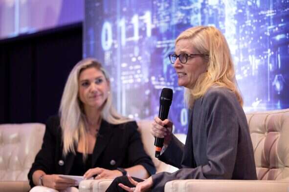 Ann Poe of Advance Local and Ariel Burkett of Mather pictured at Press Gazette's Future of Media Technology conference in September 2026