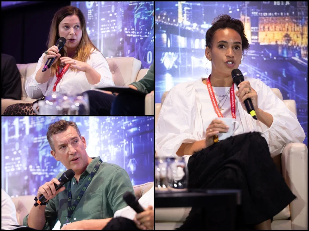 Clockwise from top left: Jasmine Dawson, SVP of digital at BBC Studios, Leah Green, head of Guardian Studios, and Graham Page, head of media at Q5, speaking at Press Gazette's Future of Media Technology Conference