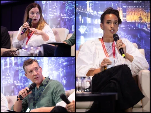 Clockwise from top left: Jasmine Dawson, SVP of digital at BBC Studios, Leah Green, head of Guardian Studios, and Graham Page, head of media at Q5, speaking at Press Gazette's Future of Media Technology Conference