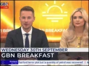 GB News presenters Alex Armstrong and Ellie Costello on GB News Breakfast with programme title and date in banner across the screen