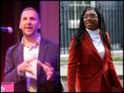 Zach Polanski speaking at a podium edited next to an image of Kemi Badenoch on 10 Downing Street.