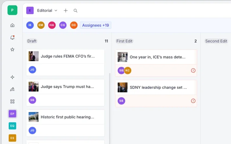 Screenshot from Sanity of custom workflow board for Politico editors to see their teams' content and where it is in the editorial process. Shows sections for draft, first edit and second edit