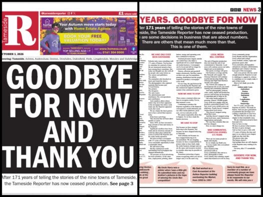 Front page and page three of 1 October edition of Tameside Reporter. Front page reads 'Goodbye for Now and Thank You'; Page three features article annoucning closure.