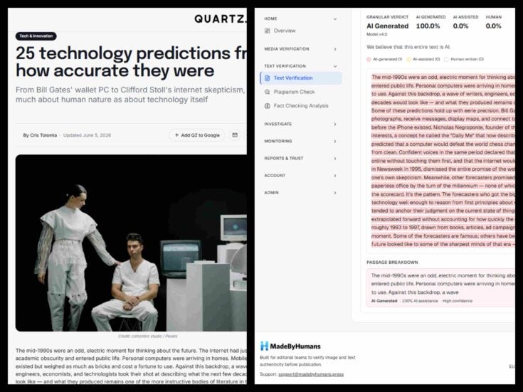 Quartz website mainly produced by one AI-assisted reporter writing 50+ stories per day