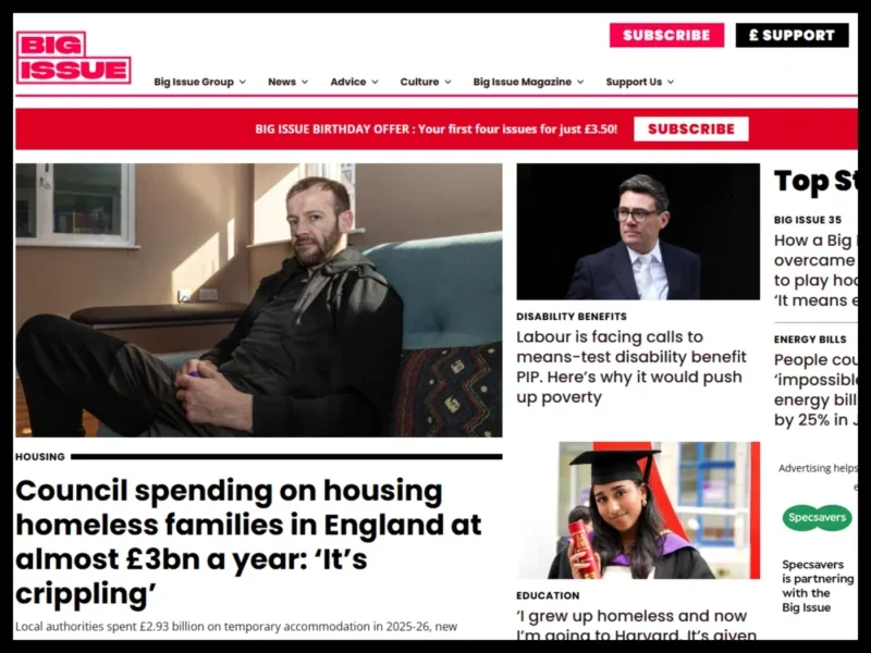 Big Issue website homepage screenshot on 17 September 2026. Main headline: 'Council spending on housing homeless families in England at almost £3bn a year: 'It's crippling''