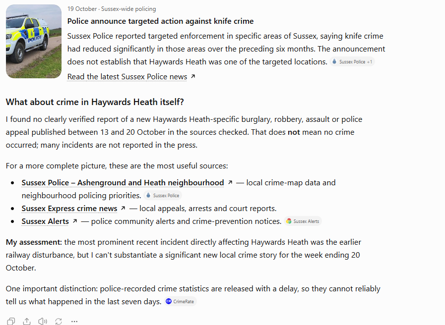 Sussex crime news query ChatGPT