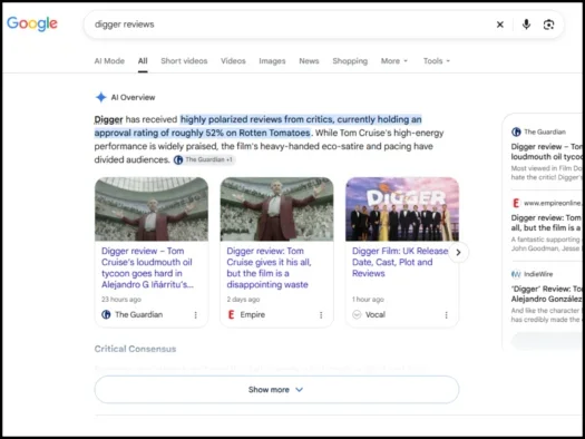 Google AI Overview appearing for search for Digger reviews. Stories from The Guardian, Empire and Vocal cited.