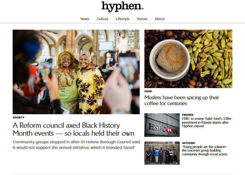 Hyphen homepage including splash headline 'A Reform council axed Black History Month events - so locals held their own'