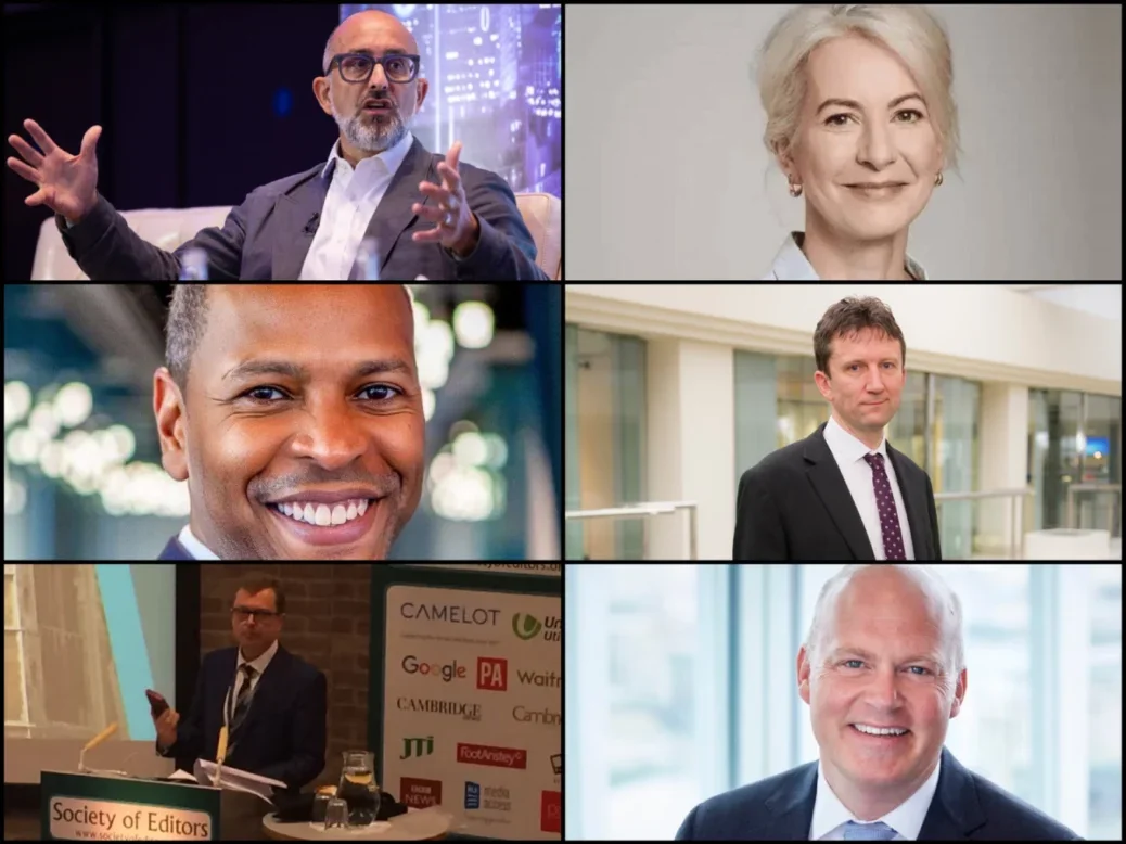 News bosses collage of those who signed AI transparency letter to prime minister, clockwise from top left: FT CEO Jon Slade, Guardian CEO Anna Bateson, Daily Mail CEO Danny Groom, Times and Sunday Times EVP and publisher Chris Longcroft, Telegraph editor Chris Evans and Sun EVP and publisher Dominic Carter