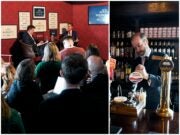 Picture of Ed Miliband onstage interview at Pub event (left) and Secretary of State for Business, Innovation, Science and Trade Jonathan Reynolds pouring a pint (right). Picture: Baldo Sciacca for Politico