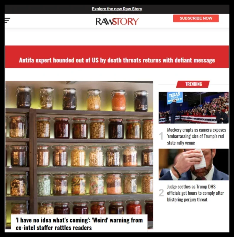 Raw Story old homepage layout with splash headline "'I have no idea what's coming: 'Weird' warning from ex-intel staffer rattles readers"
