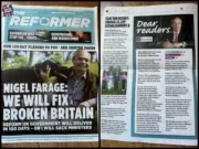 Picture showing first The Reformer 'newspaper' front page with headline 'Nigel Farage: We will fix broken Britain' alongside page 2 with letter from Nigel Farage