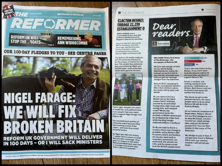 Picture showing first The Reformer 'newspaper' front page with headline 'Nigel Farage: We will fix broken Britain' alongside page 2 with letter from Nigel Farage