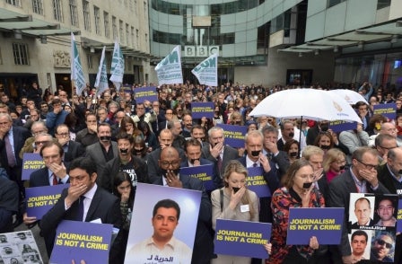 BBC journalists hold minute's silence for Peter Greste - detained in Egypt for 100 days