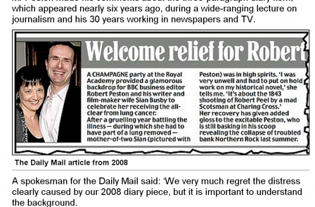 Daily Mail apologises over diary story which revealed seriousness of Robert Peston's late wife's illness